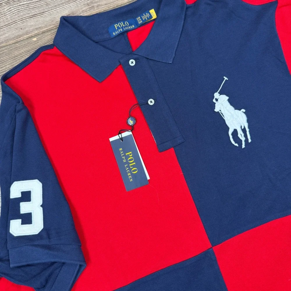 Polo Ralph Lauren Mens Size 2XB Polo Shirt Red Navy Colorblock Big Pony NWT